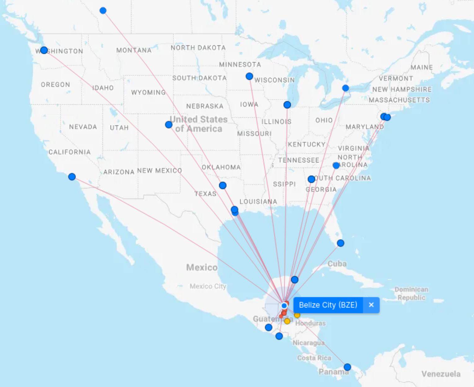 Map of Flights to Belize